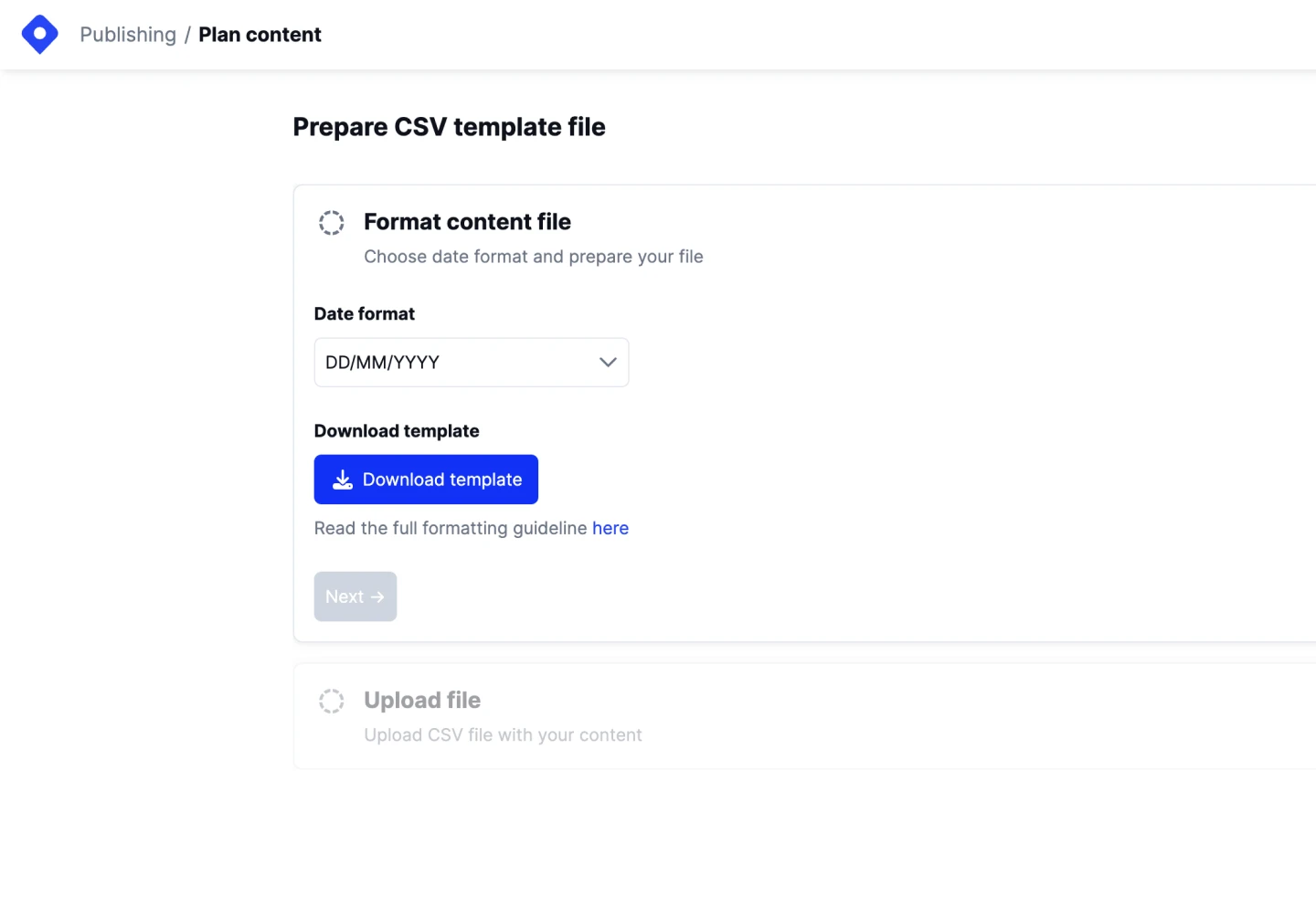 日付形式のセレクターと「Download template(テンプレートをダウンロード)」ボタンが表示されたLocalithのCSVアップロード画面のスクリーンショット
