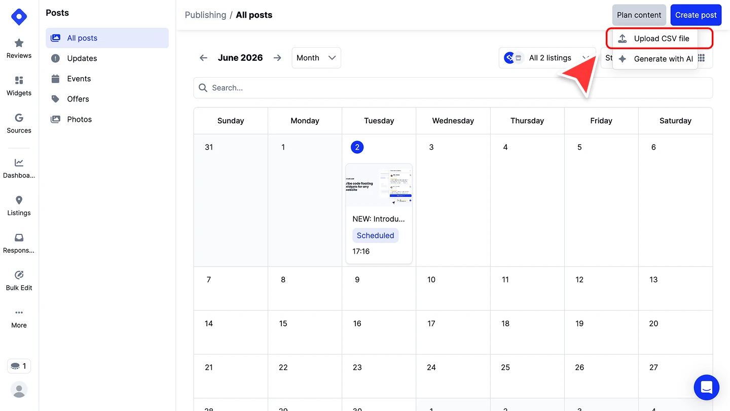 「Plan content(コンテンツを計画)」の下に「Upload CSV file(CSVファイルをアップロード)」の操作が表示されたLocalithの公開画面のスクリーンショット