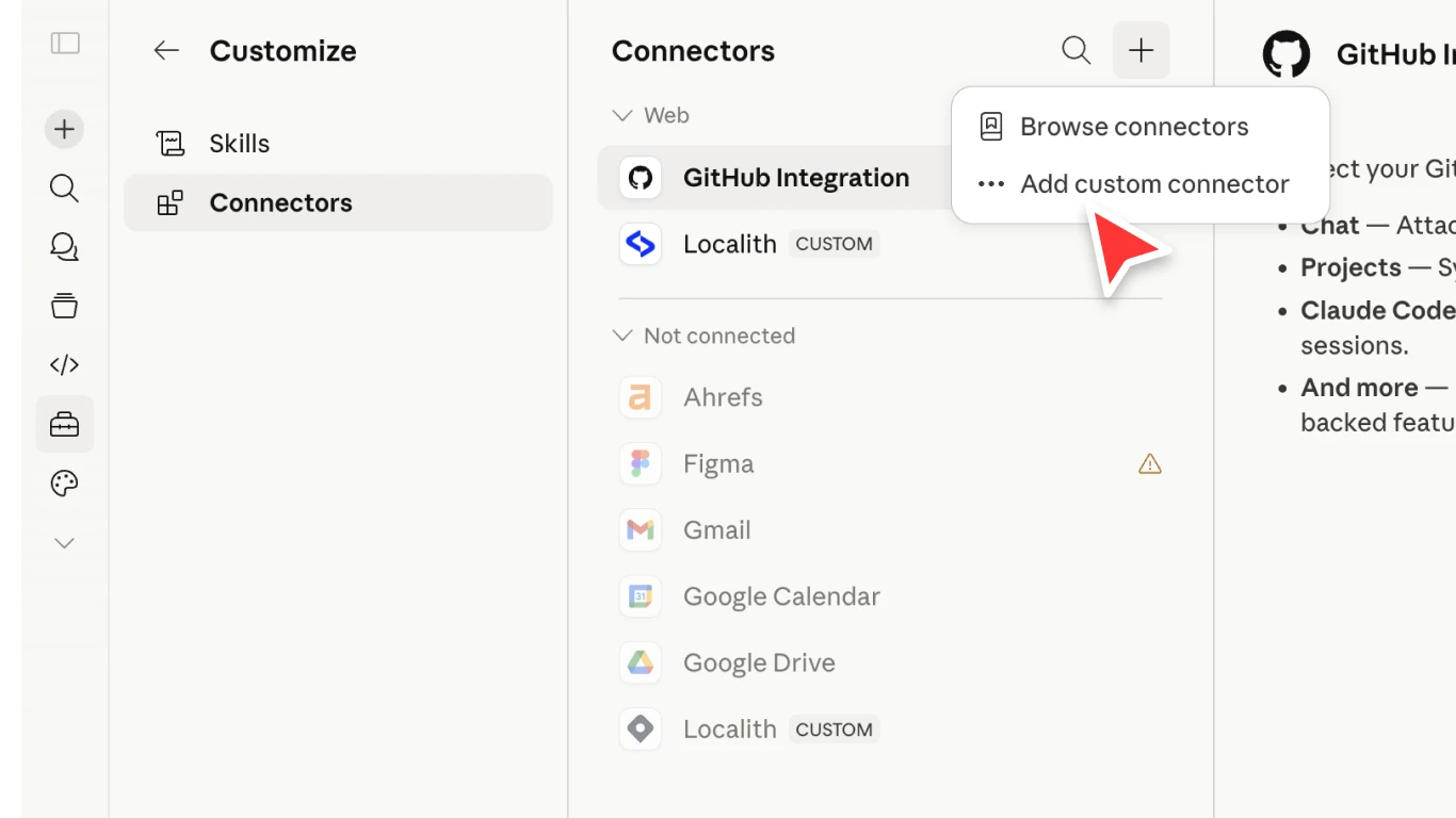 Claude settings showing the Add custom connector option in the Connectors menu