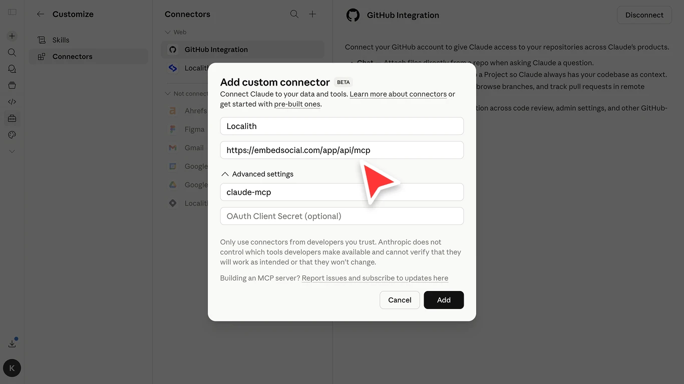 Add custom connector dialog filled in with Localith server name, server URL, and OAuth client ID