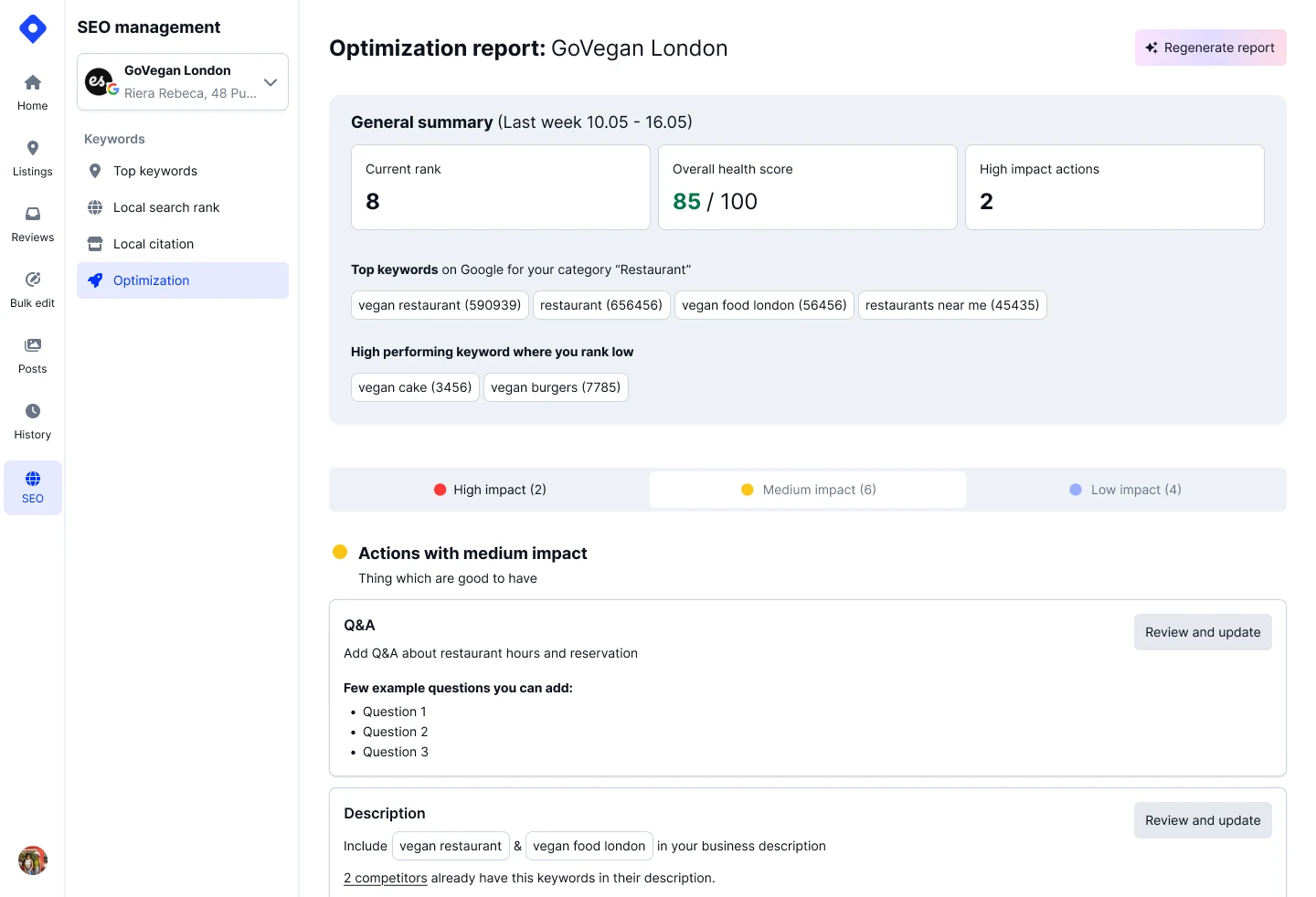 優先順位付けされた修正項目とともに、すべてのGoogleビジネスプロフィールをスコアリングしたLocalithのプロファイル監査レポート