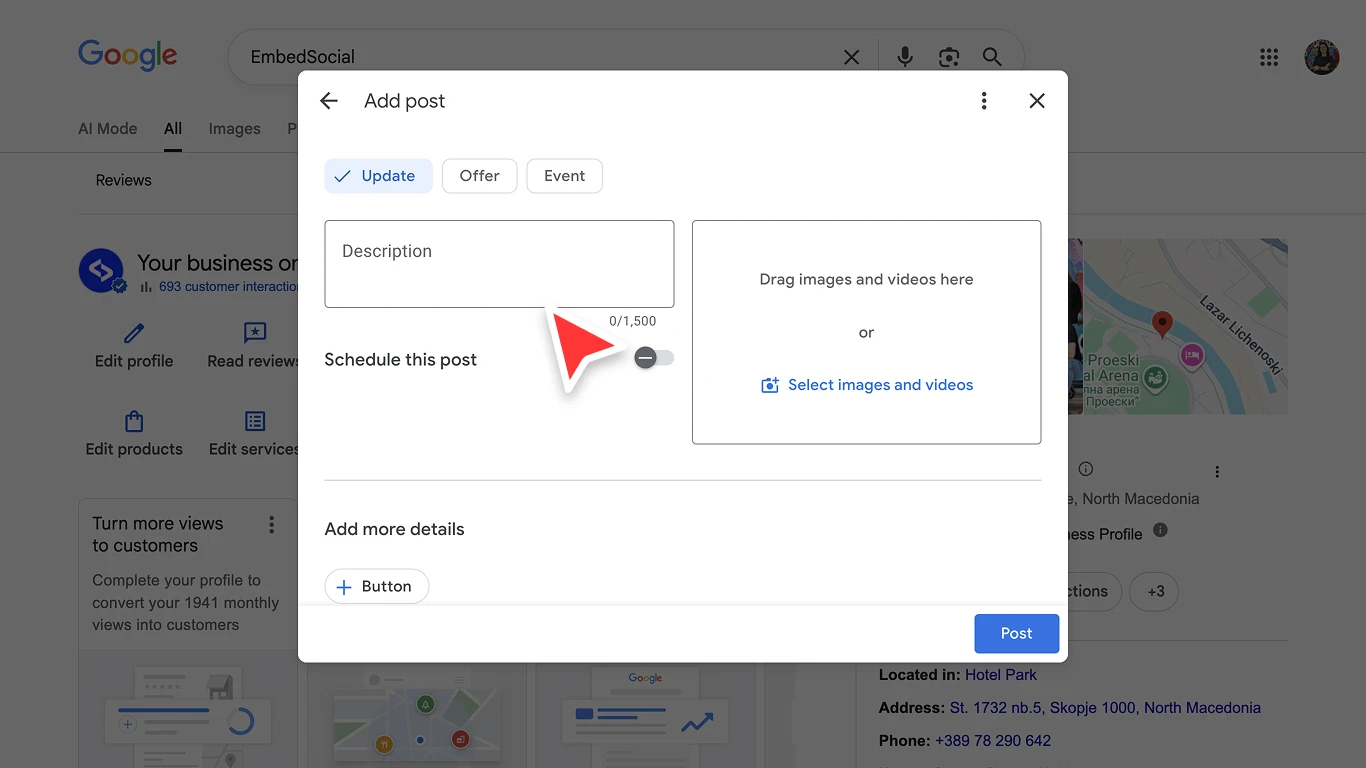 ネイティブのGoogleビジネスプロフィール ダッシュボード内でGoogle投稿を作成する画面