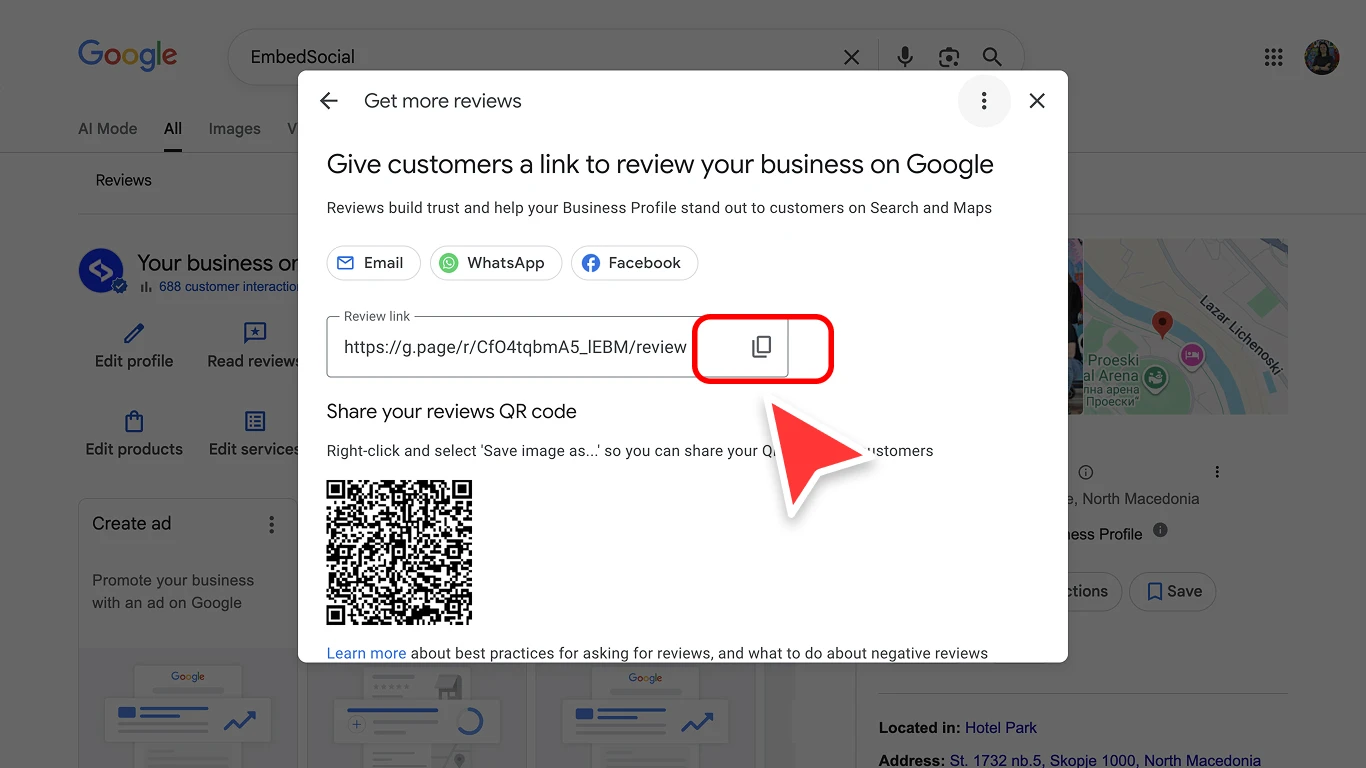 ネイティブのGoogleビジネスプロフィール ダッシュボードからGoogleレビュー投稿用フォームのリンクをコピーする画面