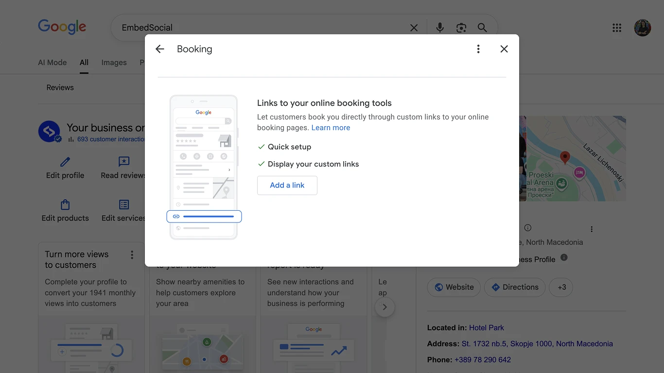 ネイティブダッシュボードからGoogleビジネスプロフィールに予約リンクを接続する画面