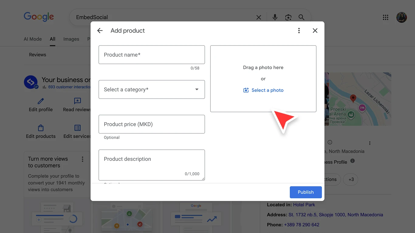 ネイティブダッシュボードからGoogleビジネスプロフィールに商品を追加する画面
