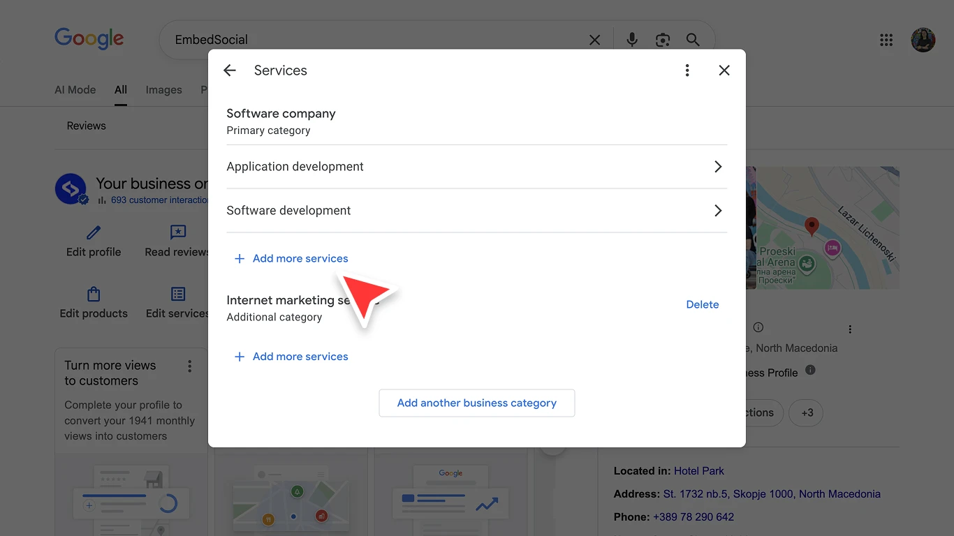 ネイティブダッシュボードからGoogleビジネスプロフィールにサービスとサービスカテゴリを追加する画面