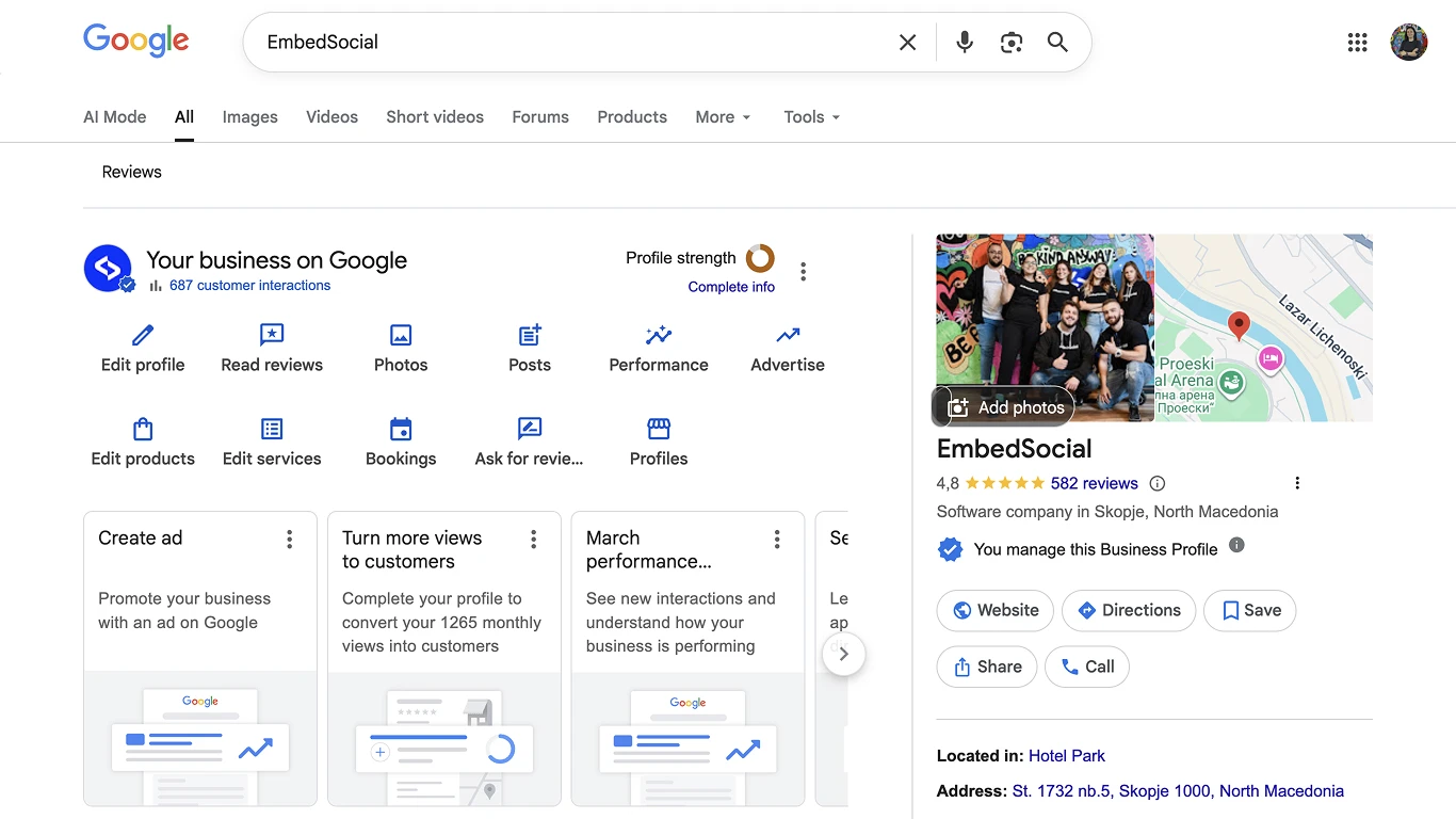 Google検索に表示されるGoogleビジネスプロフィール リスティングの例