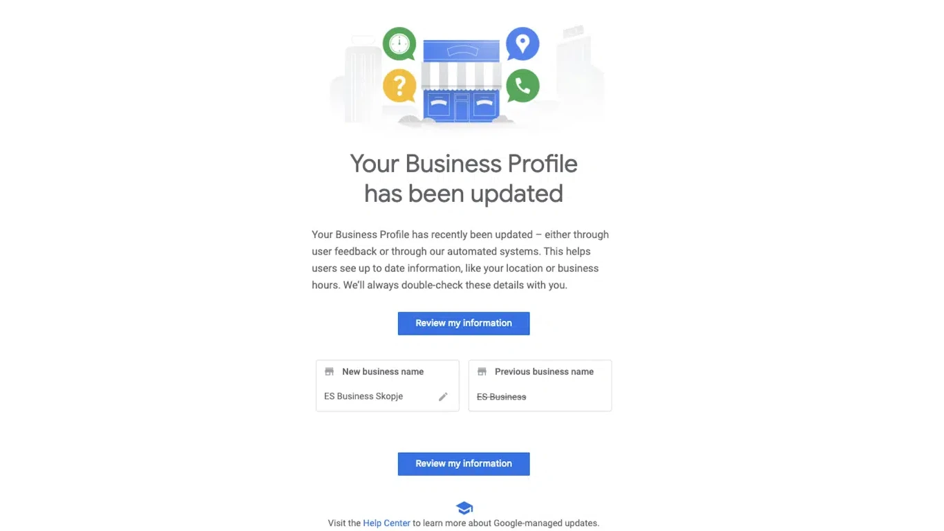 Email notification from Google about suggested changes to a Business Profile
