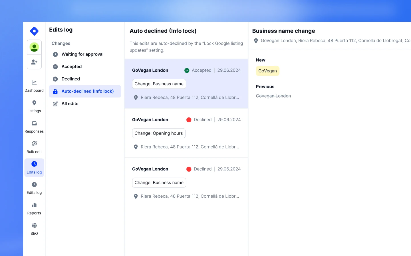 Localith Edits Log showing an auto-declined Google Business Profile change
