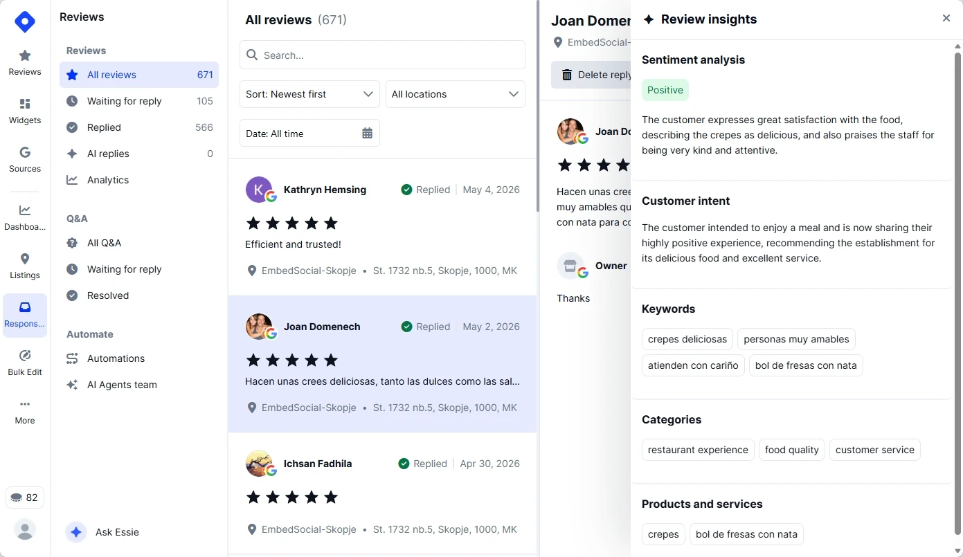 単一のGoogleレビューに対するLocalithのReview insightsパネル。感情分析、顧客の意図、キーワード、カテゴリ、商品・サービスタグを表示