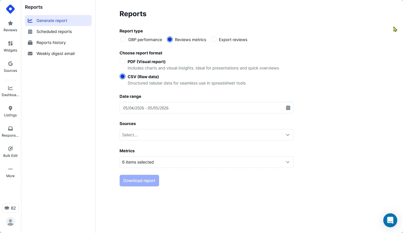LocalithのReportsページでレポートタイプにReviews metricsを選び、CSV形式の生データエクスポートを選択している画面
