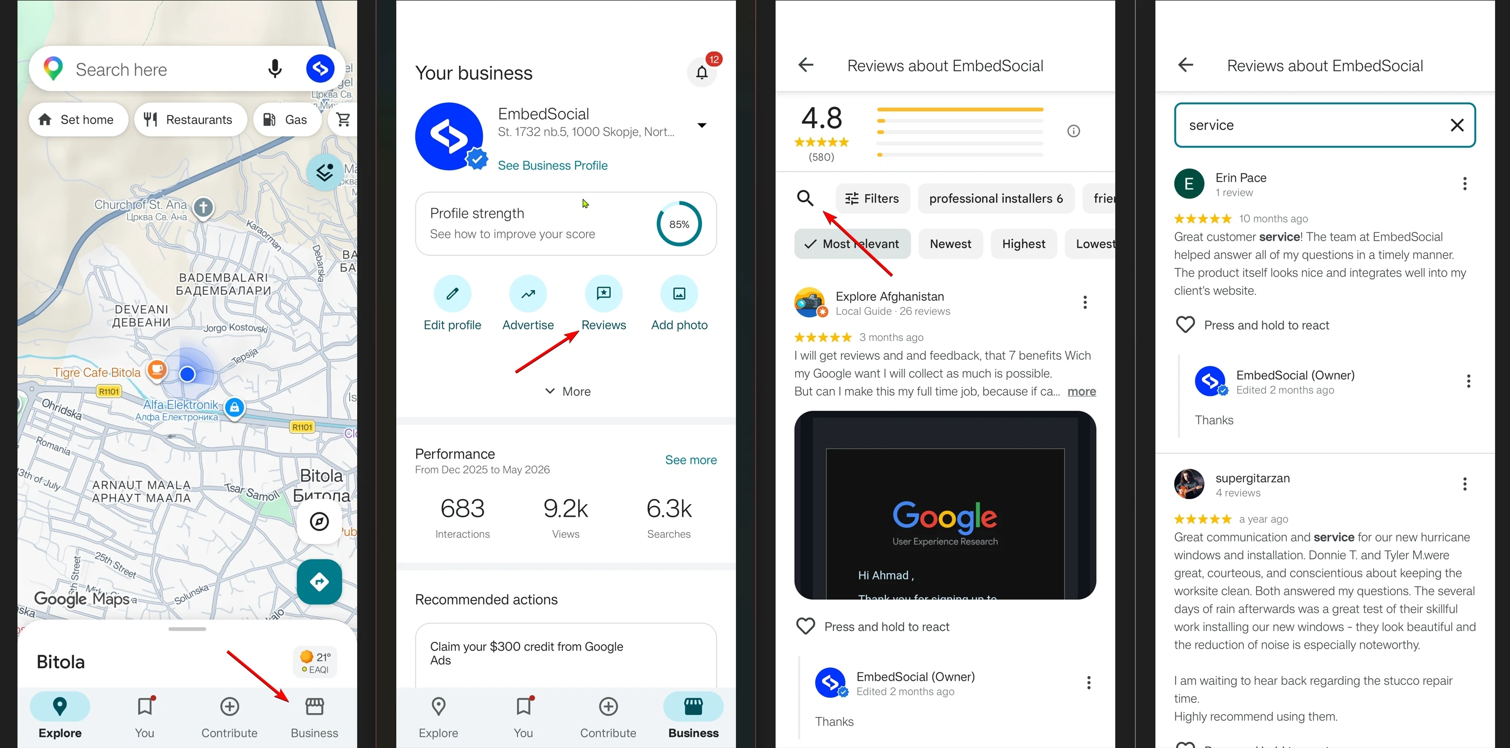 Googleマップアプリでレビューを検索する4分割のモバイル操作ガイド：プロフィール表示、レビュー一覧、検索フィールド、一致結果