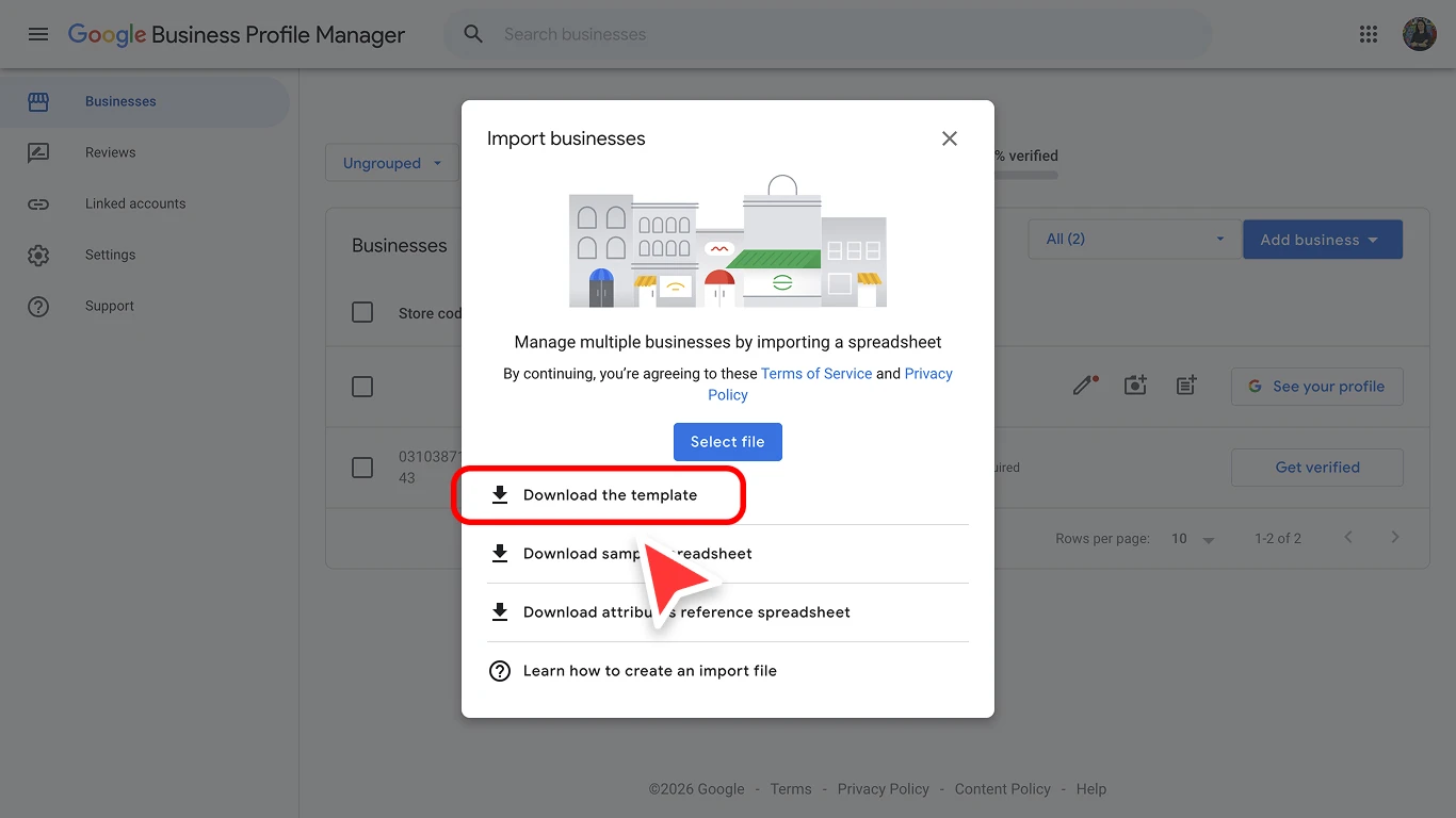 Google Business Profile Managerから空の一括アップロードテンプレートをダウンロード中