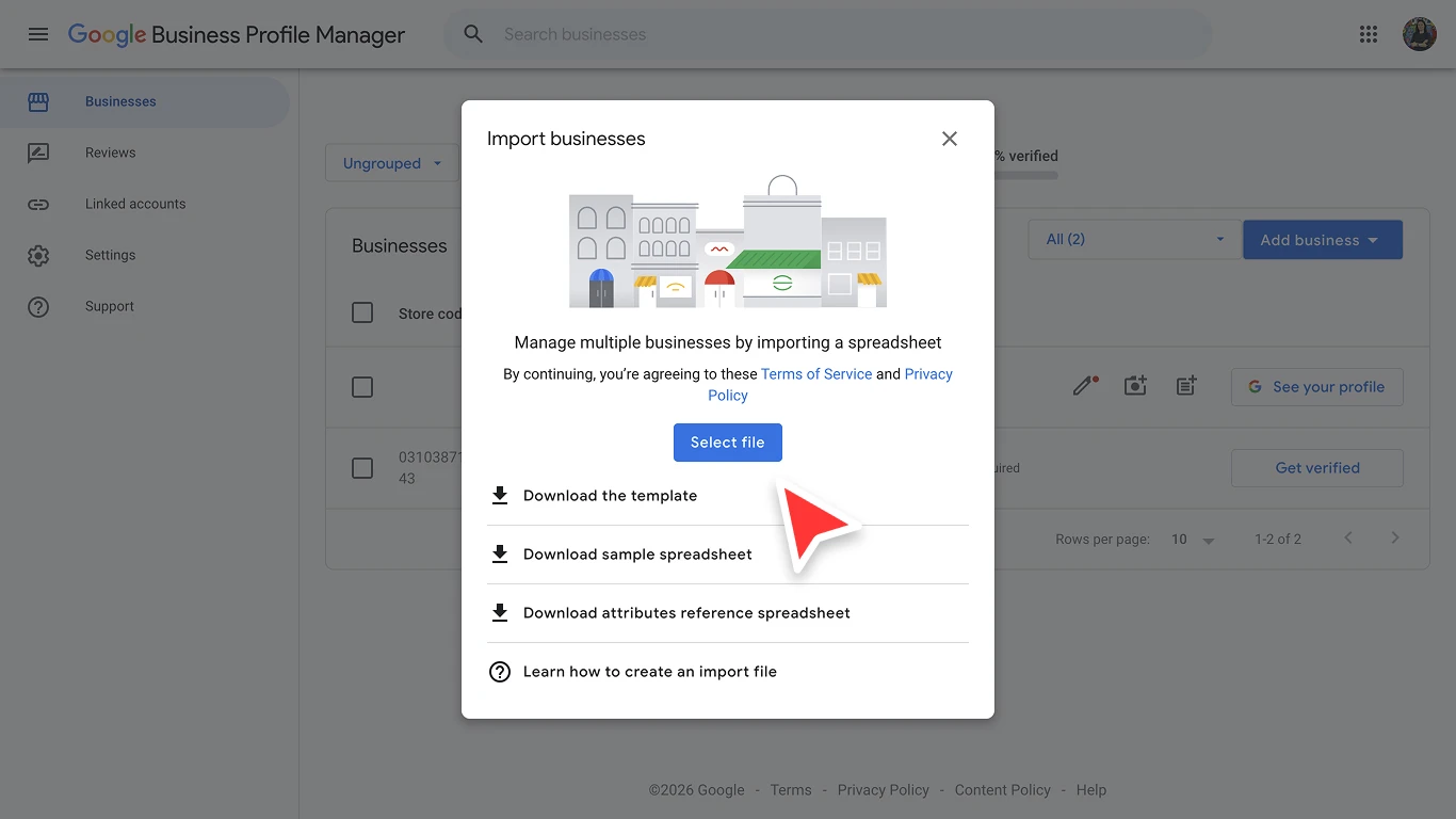 編集済みのGBPスプレッドシートをGoogle Business Profile Managerにアップロード中