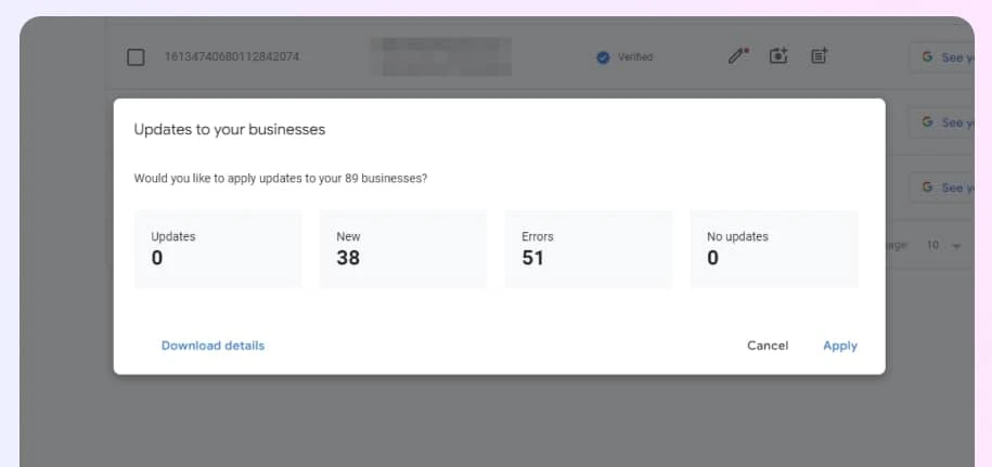 Google Business Profile Managerで一括更新の概要を確認中