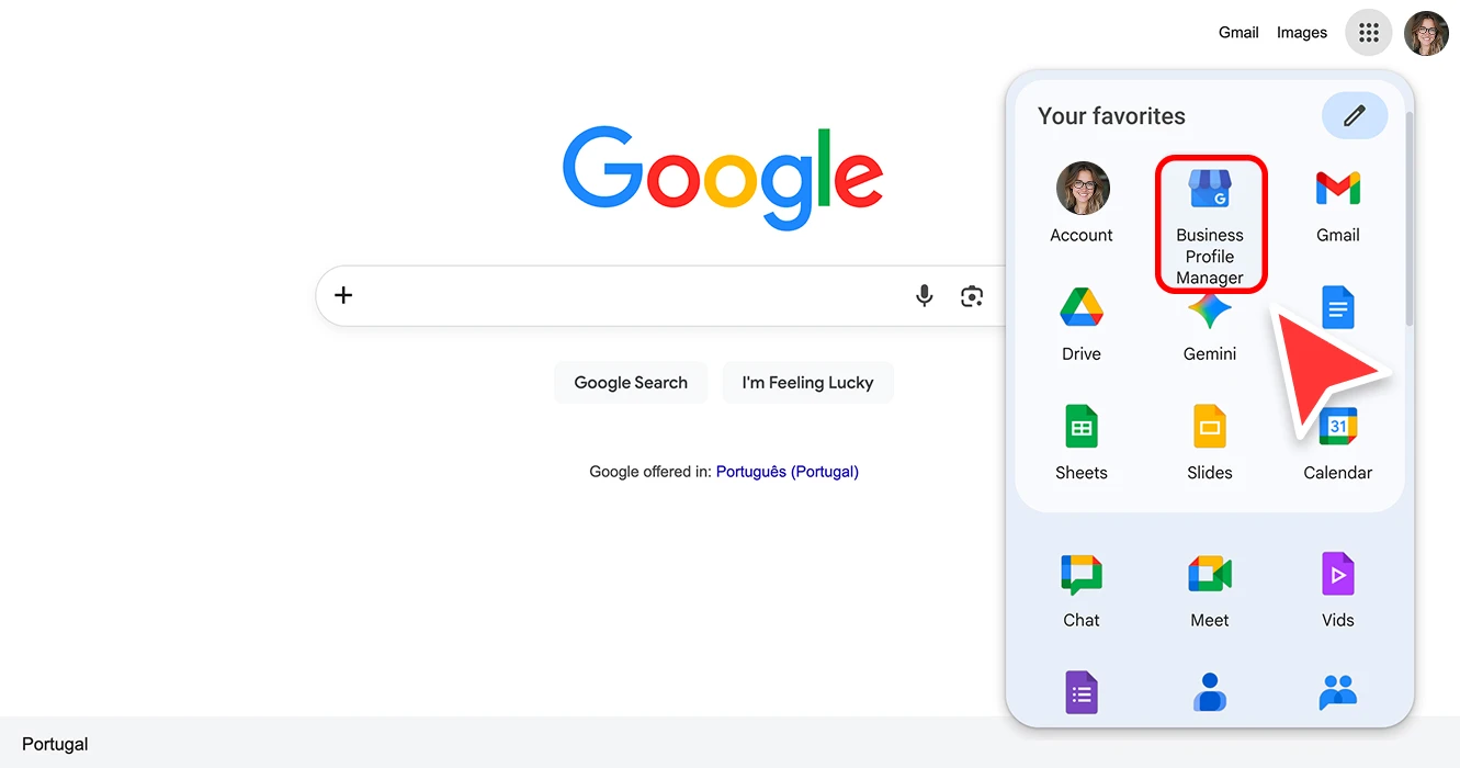 Business Profile Managerにアクセスするため、Googleのトップページで開いたGoogleアプリメニュー