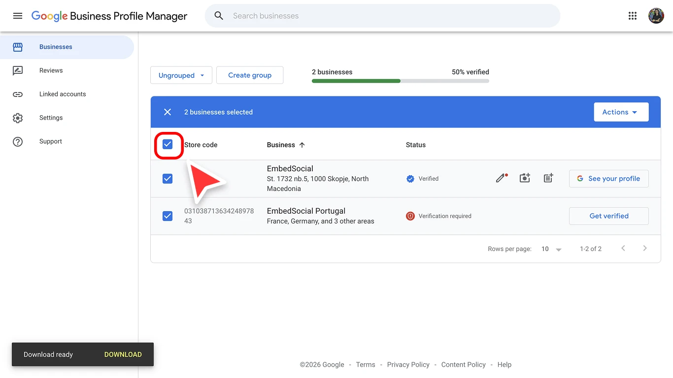 GBPマネージャーから一括ダウンロードするGoogleビジネスプロフィールのリスティングを選択中の画面