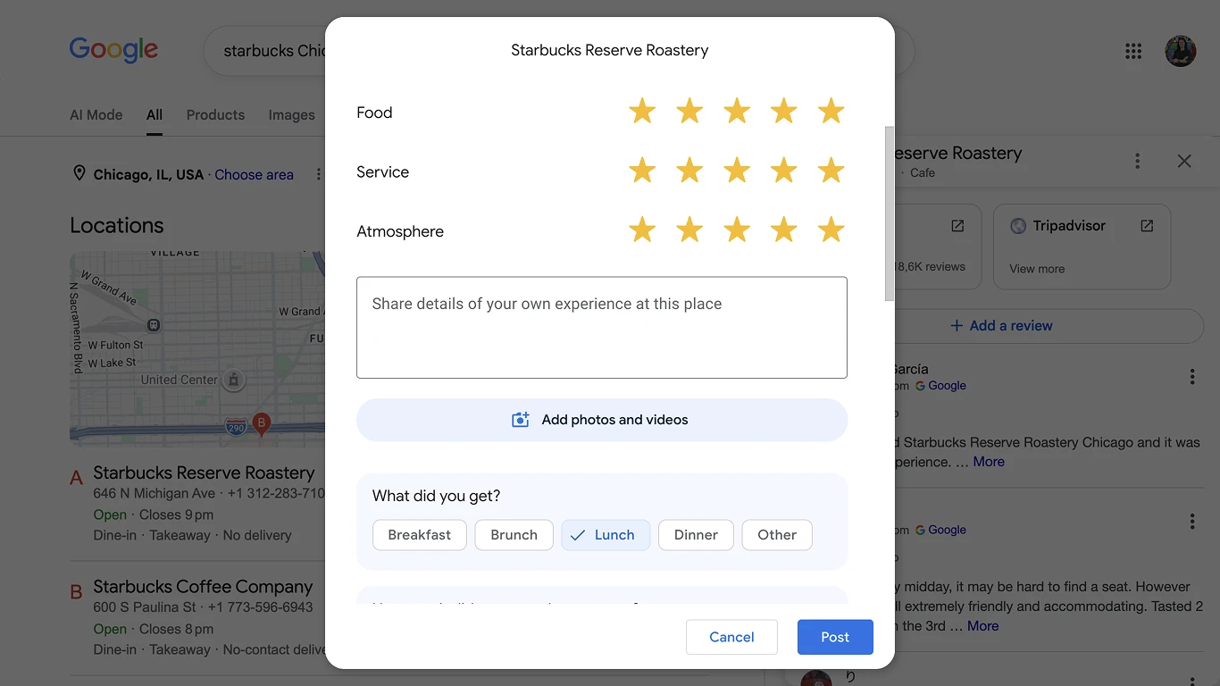 「クチコミを書く」をクリックした後のGoogleレビュー入力フォームを示すデスクトップのスクリーンショット