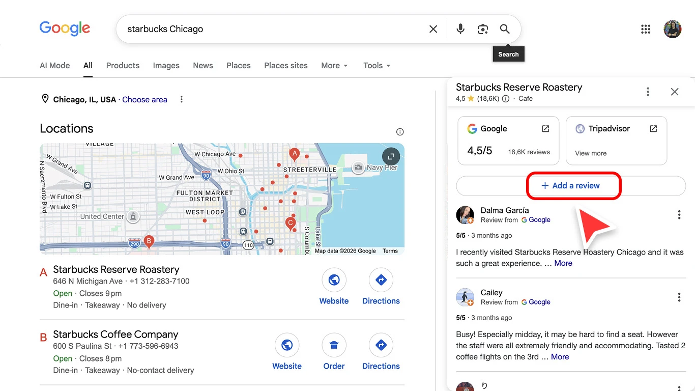Google検索からGoogleのクチコミリンクをクリックする場所を示すデスクトップのスクリーンショット