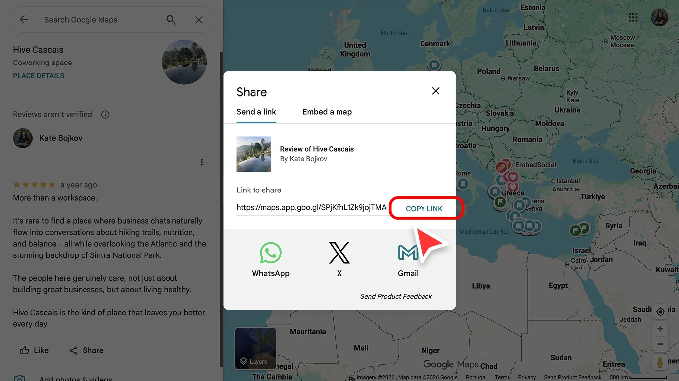 Googleレビューの共有オプションを示すデスクトップのスクリーンショット