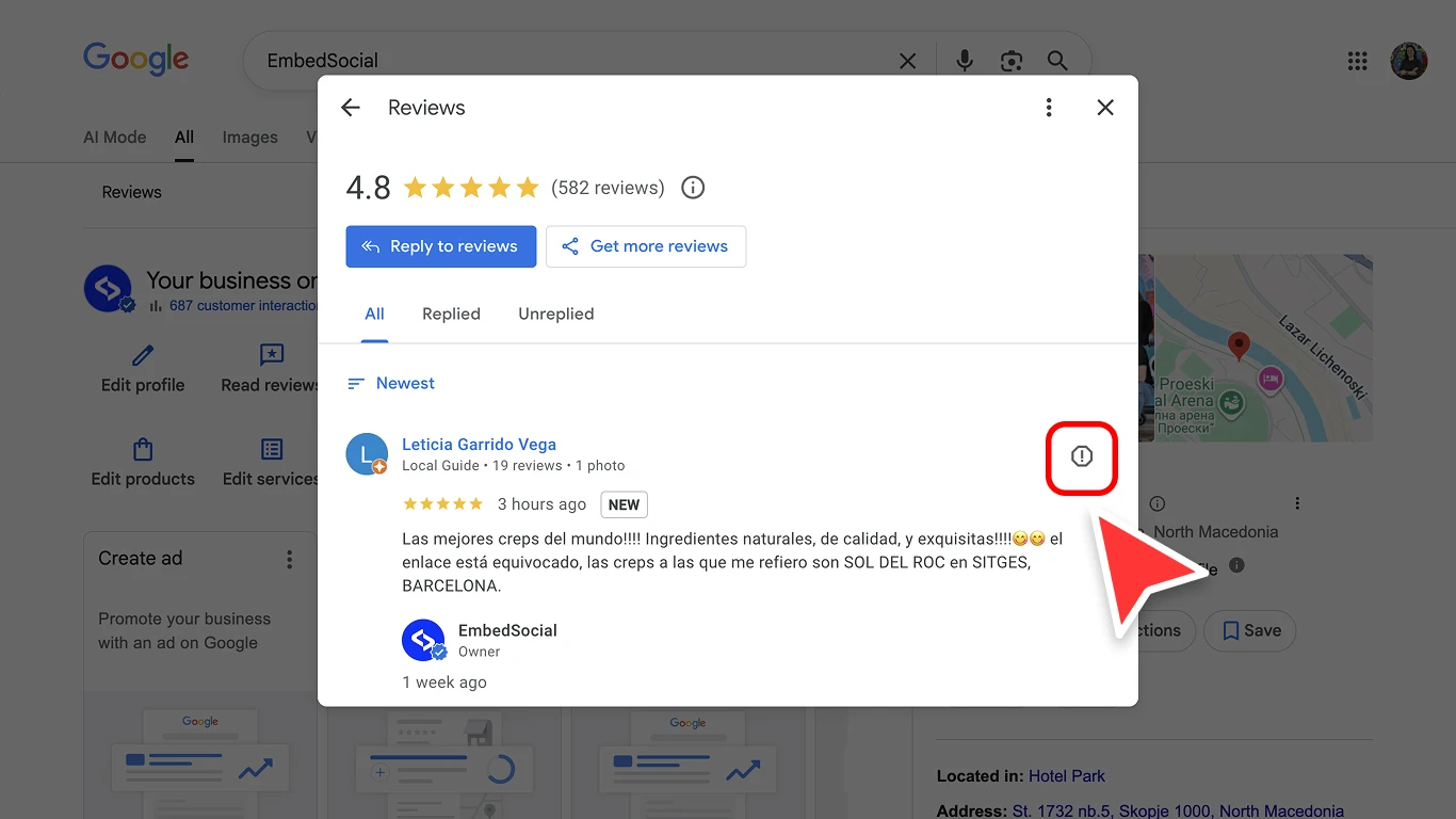 Flag icon next to a Google review in the reviews panel