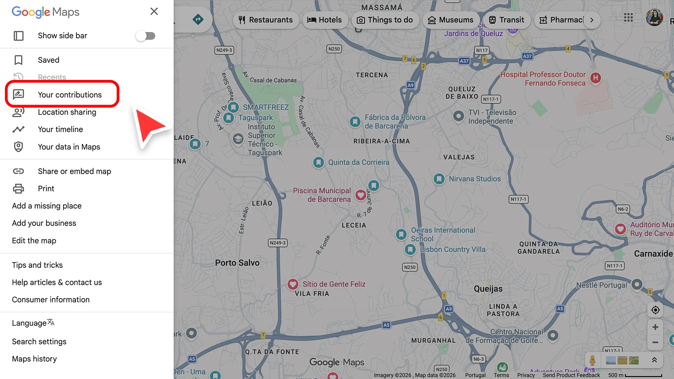 Google Maps sidebar menu with the Your contributions option highlighted