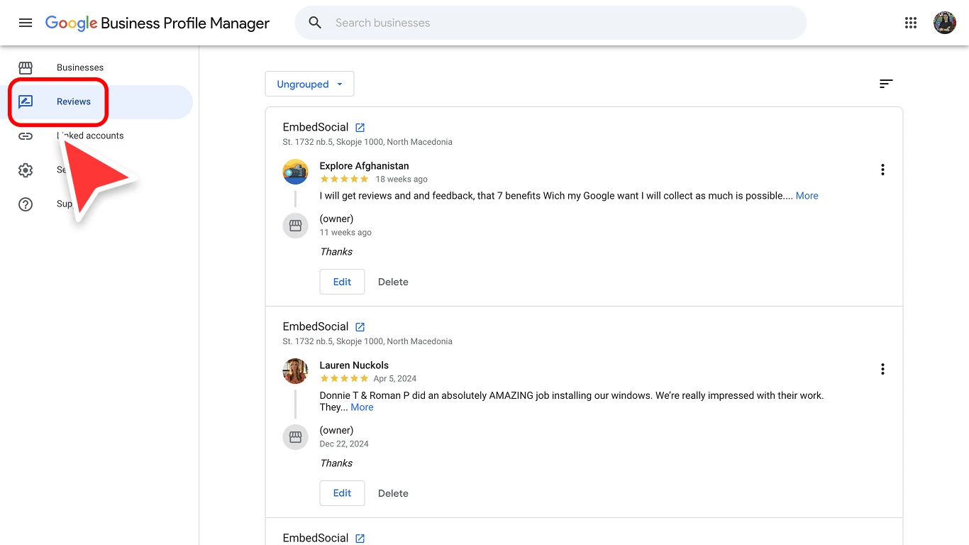 Googleビジネスプロフィールマネージャーの管理画面でサイドバーの「レビュー」タブがハイライトされ、顧客レビューとオーナー返信が一覧表示されている
