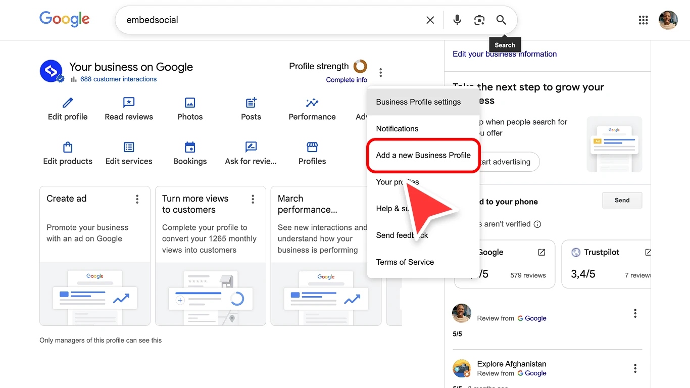 Google Search business controls menu with Add a new Business Profile highlighted