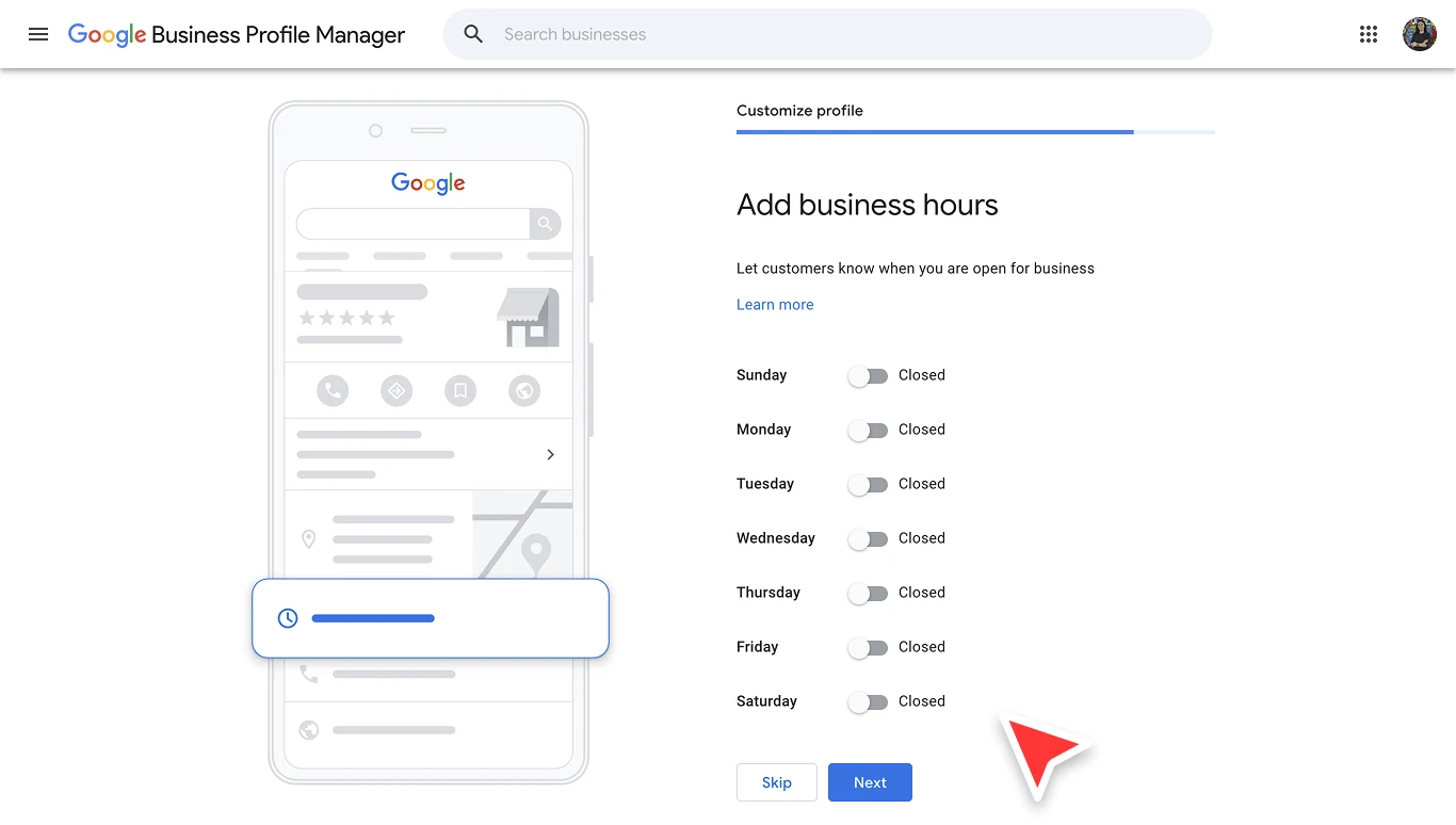 Google Business Profile setup screen for adding business hours