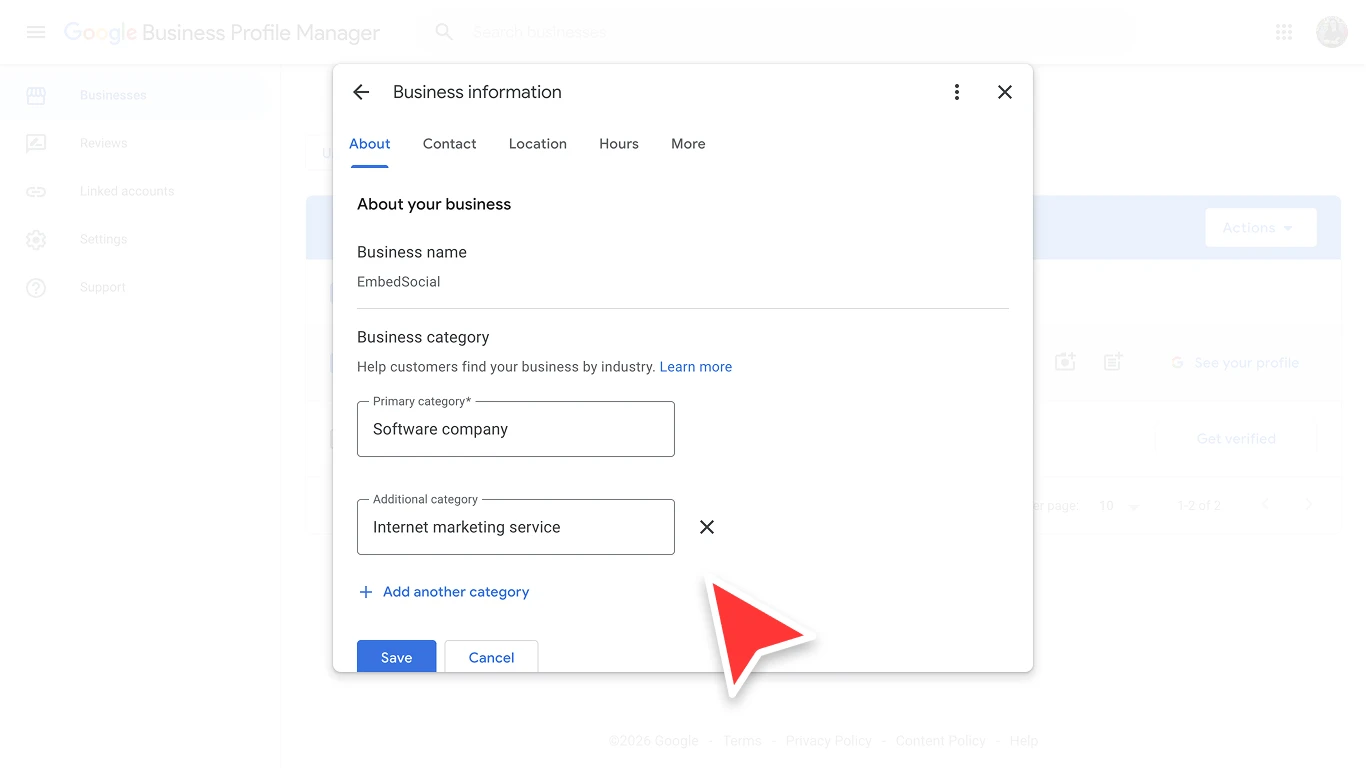Google Business Profile category editing dialog with primary and additional category fields