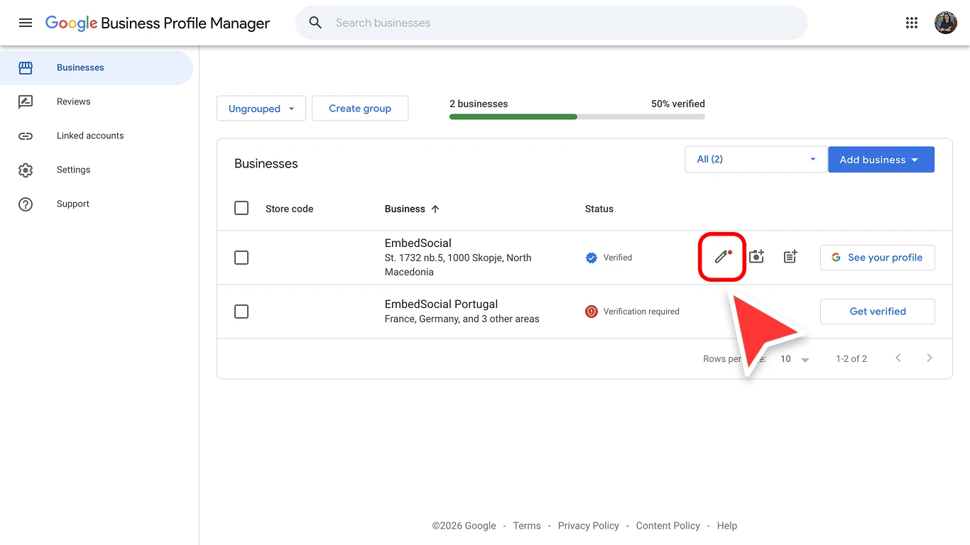 Google Business Profile Manager showing business listings and the edit profile action