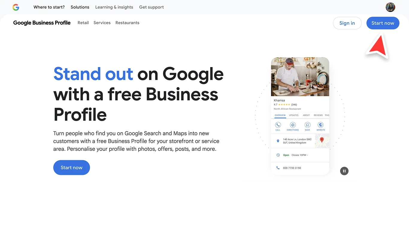 Google Business Profile start screen with the Start now button highlighted