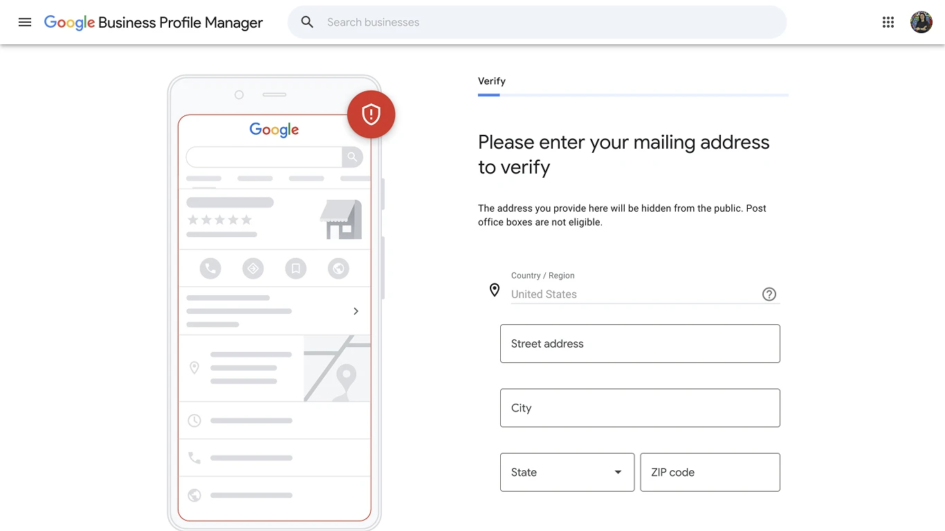 Google Business Profile verification screen asking for a mailing address