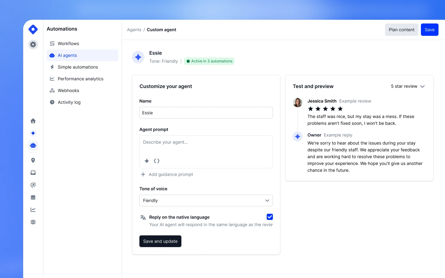 AI Agent option selected in the review automation flow