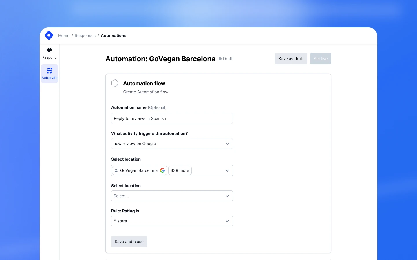 Responses Automations view with create automation action