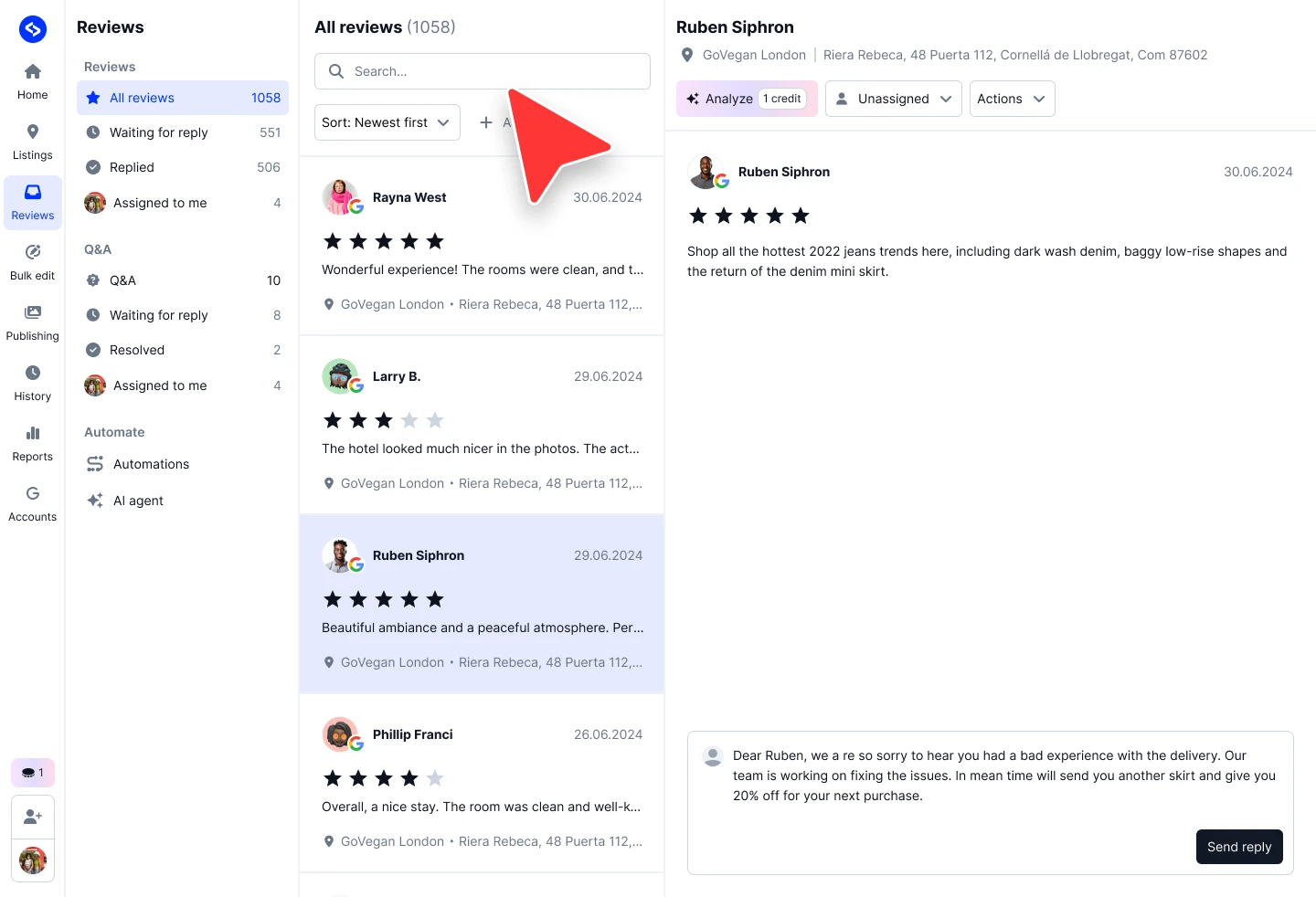 LocalithのResponsesページの「All reviews」タブで検索フィールドがハイライトされ、接続済みのすべてのGoogleビジネスプロフィール拠点からのレビューが表示されている画面