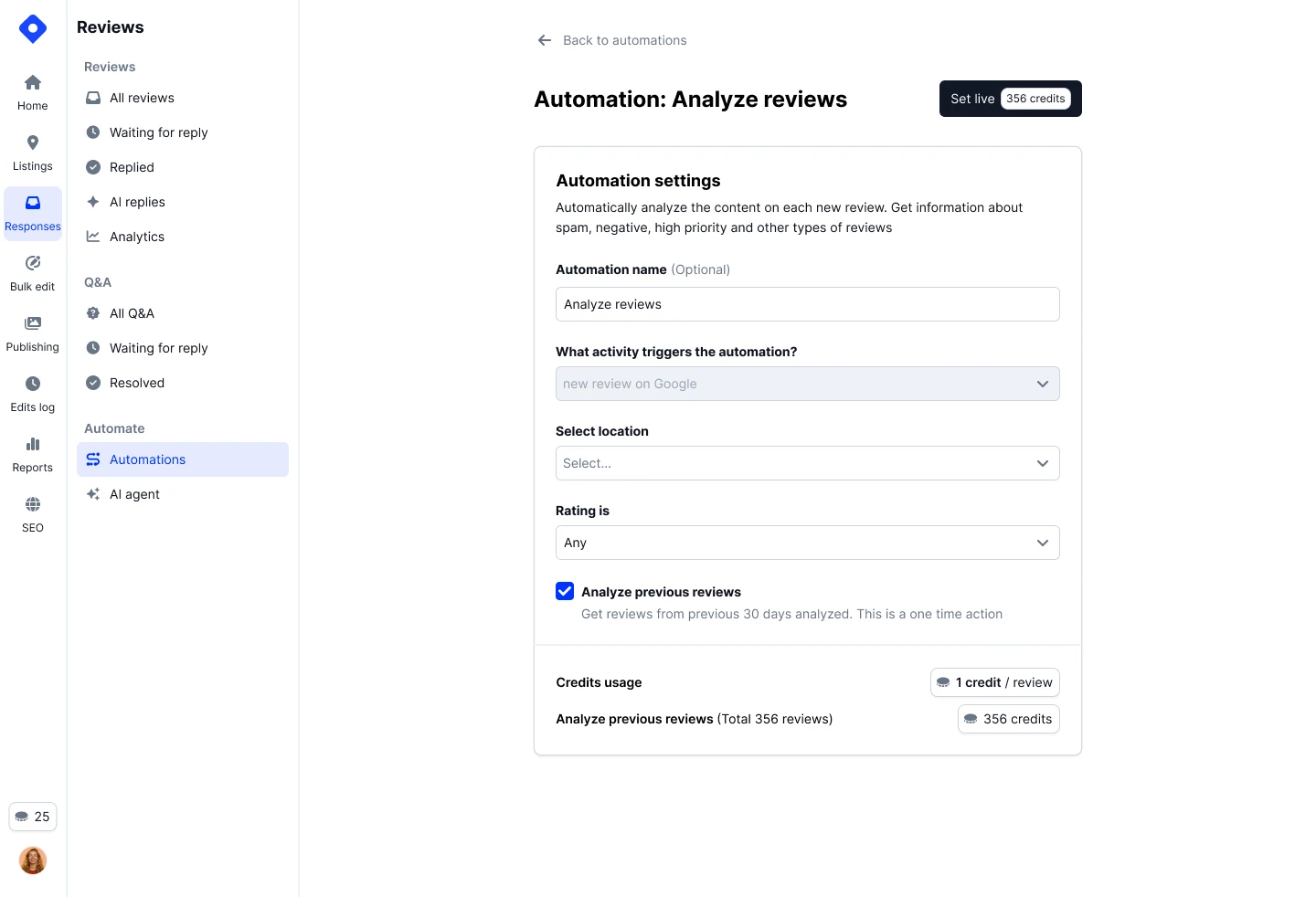 Localithの「Analyze reviews」自動化セットアップ画面。トリガー、拠点フィルター、評価フィルター、過去レビュー分析のトグルが表示されている