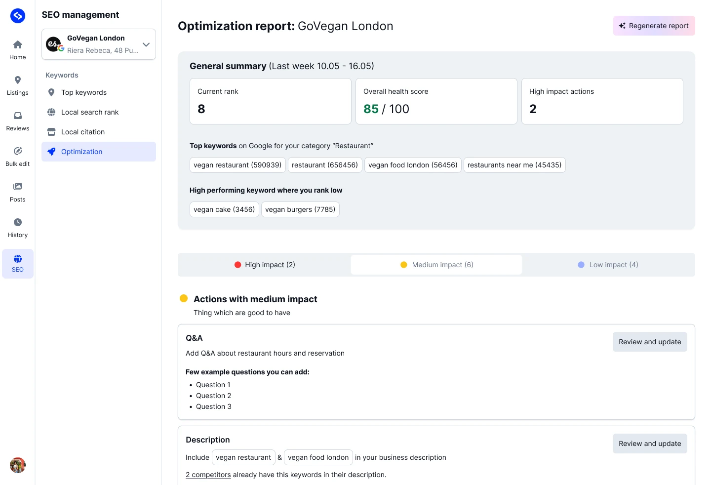 Optimization report general summary with rank, health score, and high impact actions count