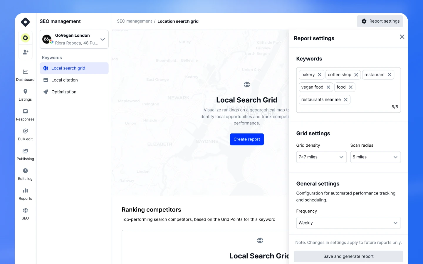 Report settings panel with keywords, frequency, grid density, and scan radius