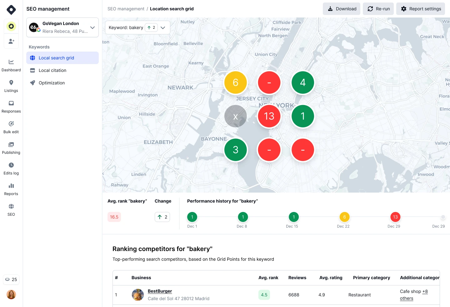 Local search grid map with color-coded pins across a city area