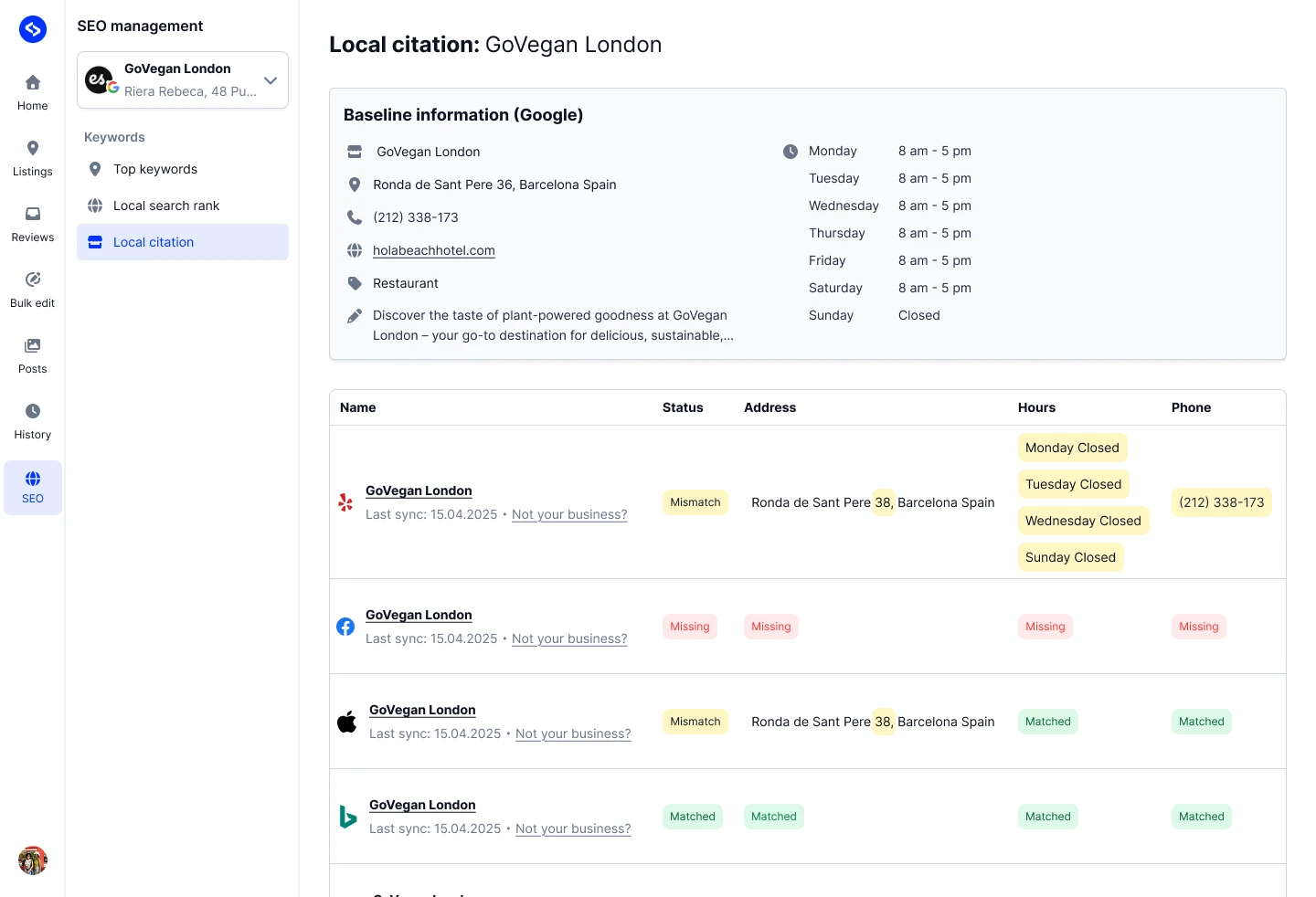 Citation comparison table with Mismatch and Not found statuses