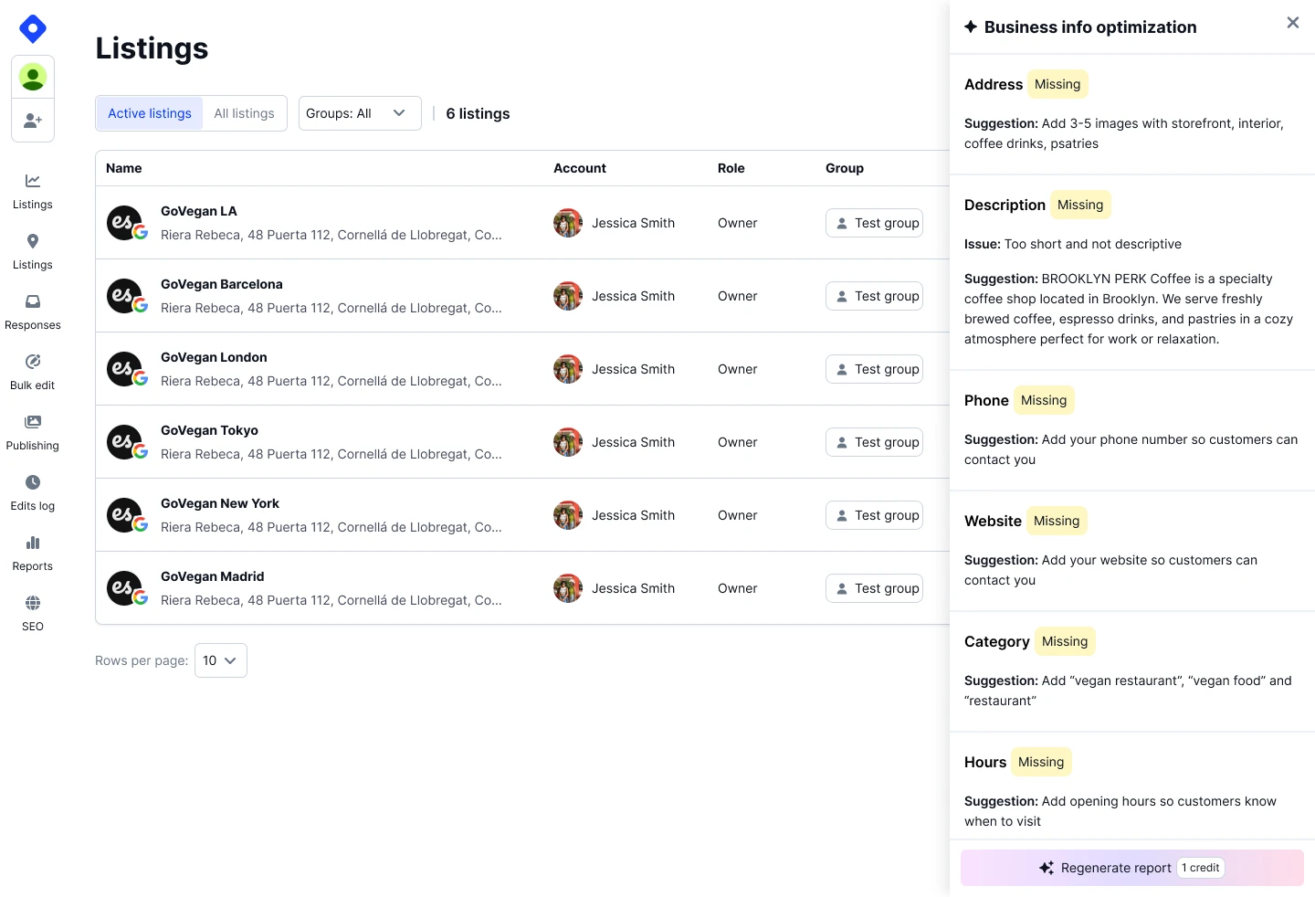 Business info optimization side panel with AI suggestions for address, description, phone, category, and hours