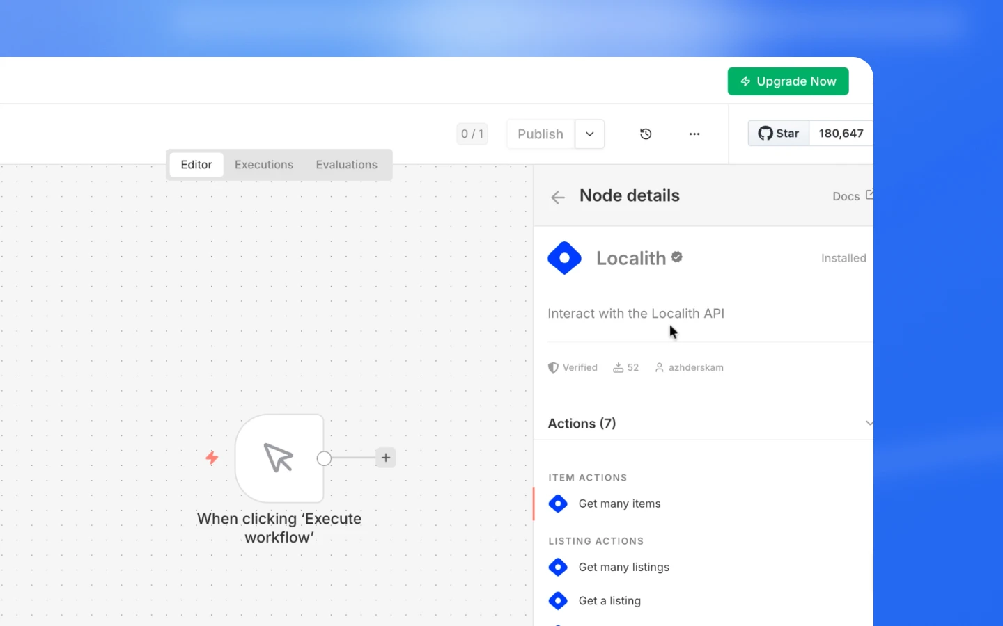 n8n credentials panel configured for the Localith community node