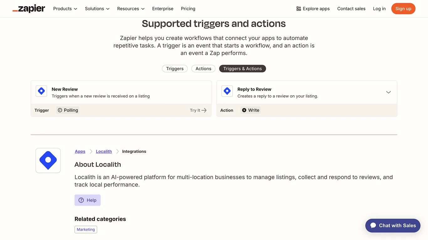 Localith Zapier連携ページに表示されたNew ReviewトリガーとReply to Reviewアクション