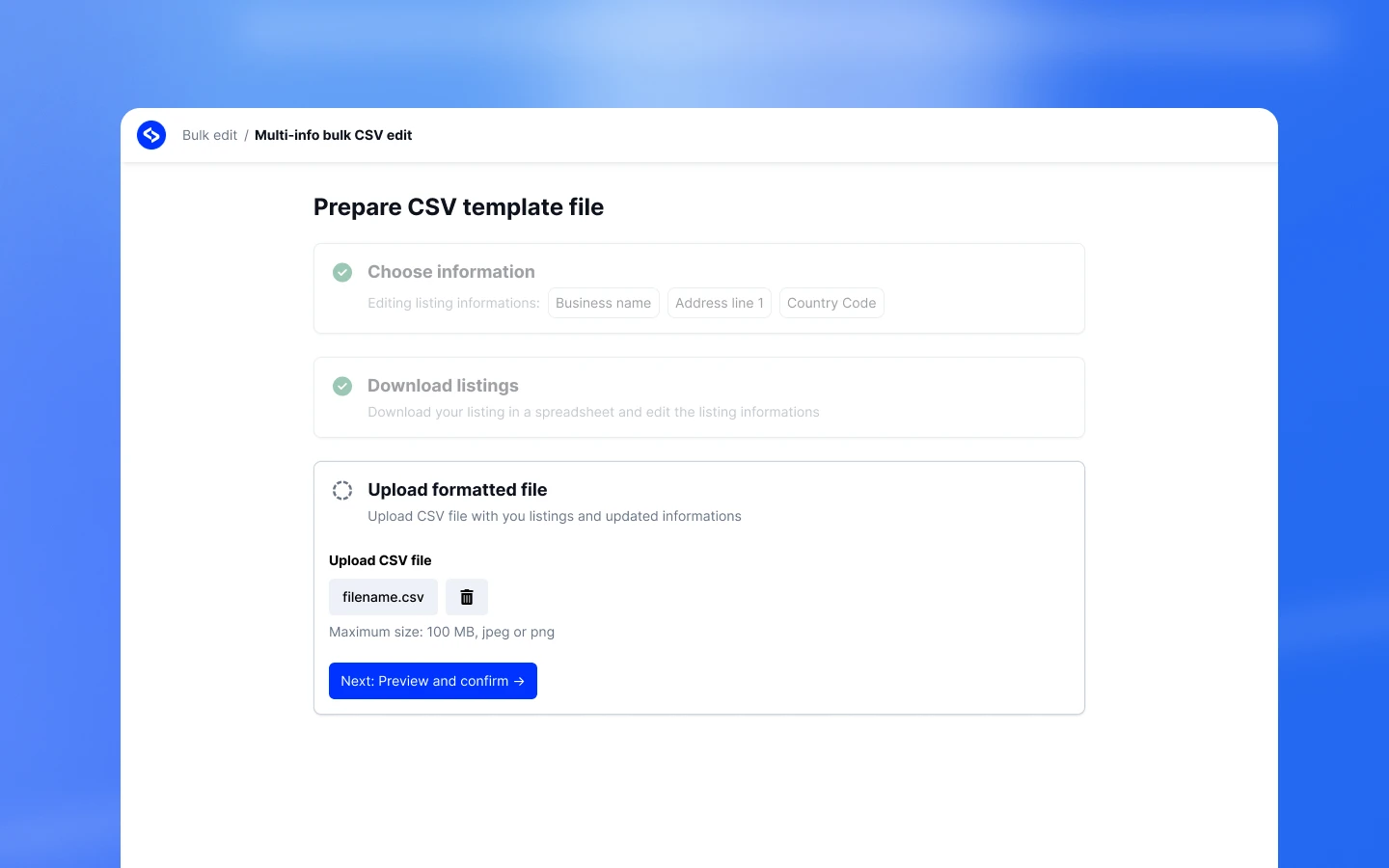 Multi-info CSV edit three-step flow with choose info type, download listings, and upload file