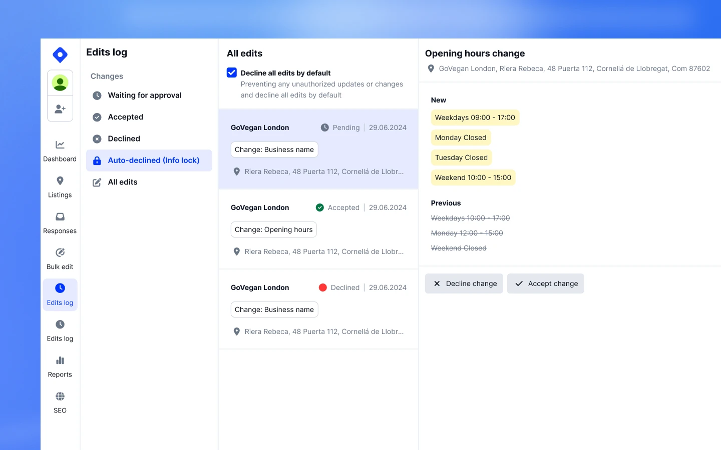 Edit tracker showing history of bulk edits with status