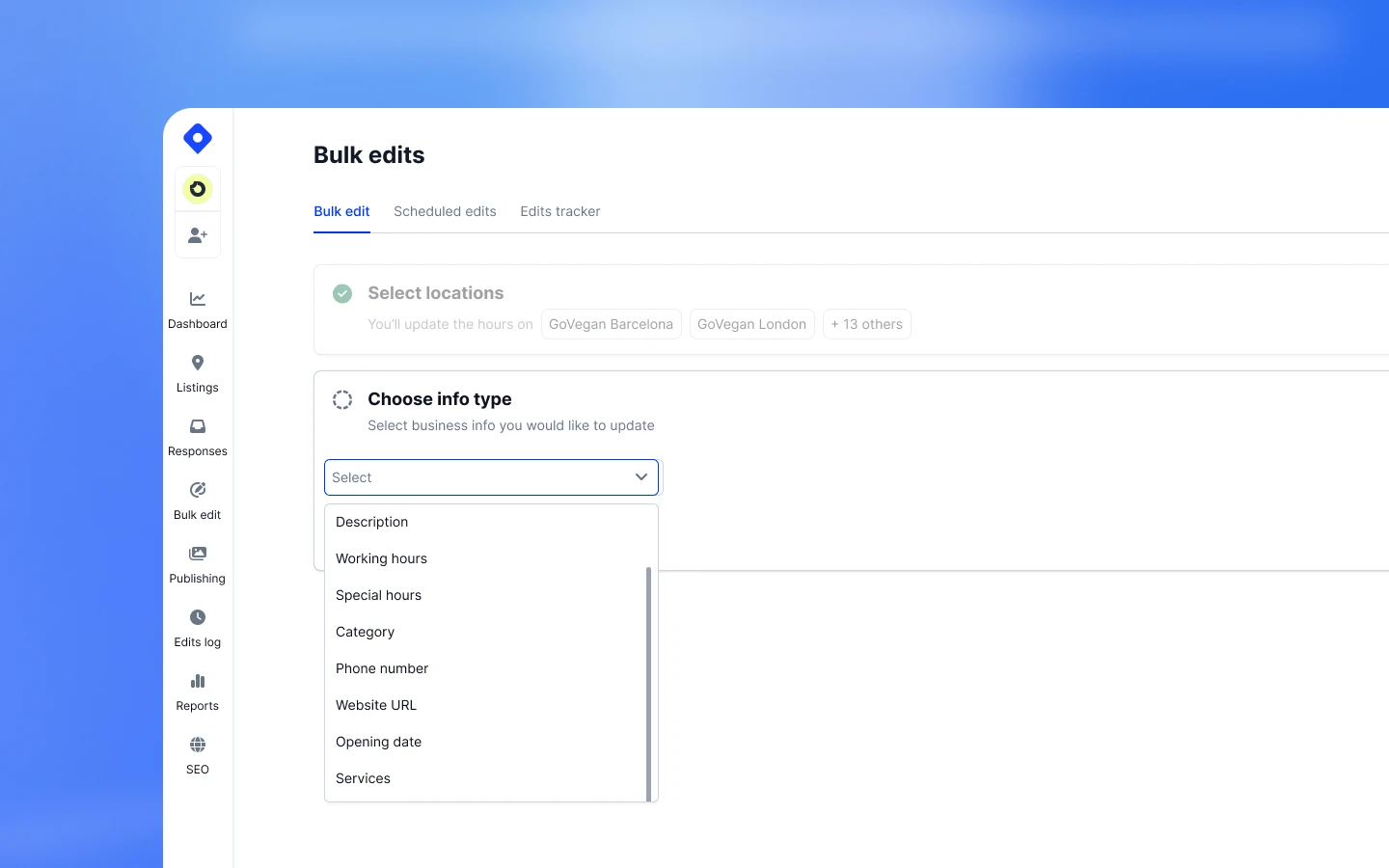 Single-info bulk edit with location selected and info type dropdown open