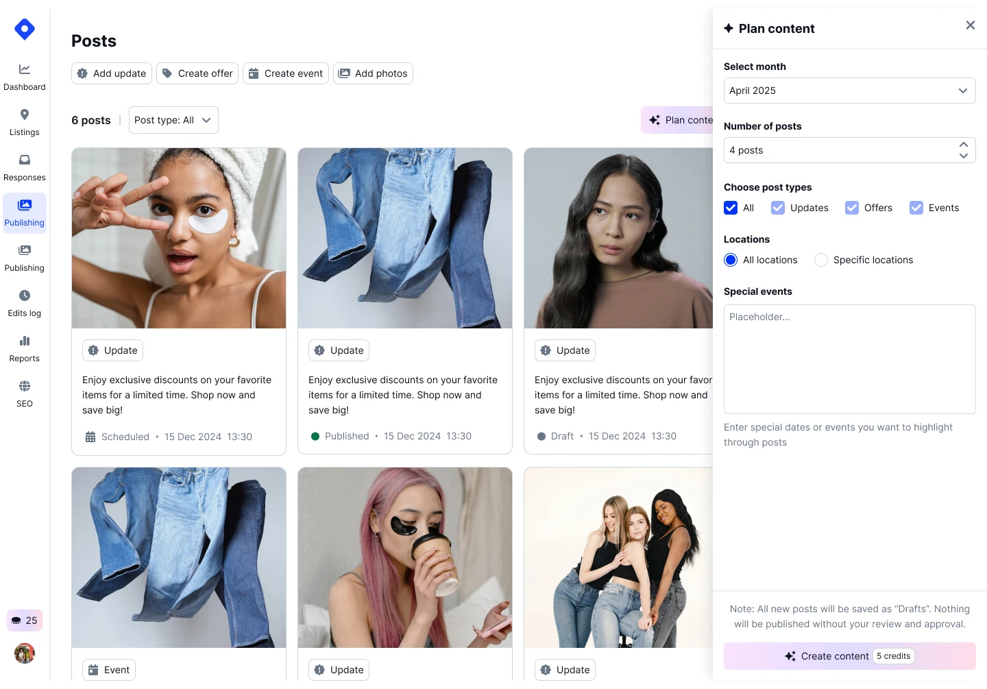 AI Content Planning interface showing suggested topics and publishing schedule for Google Posts