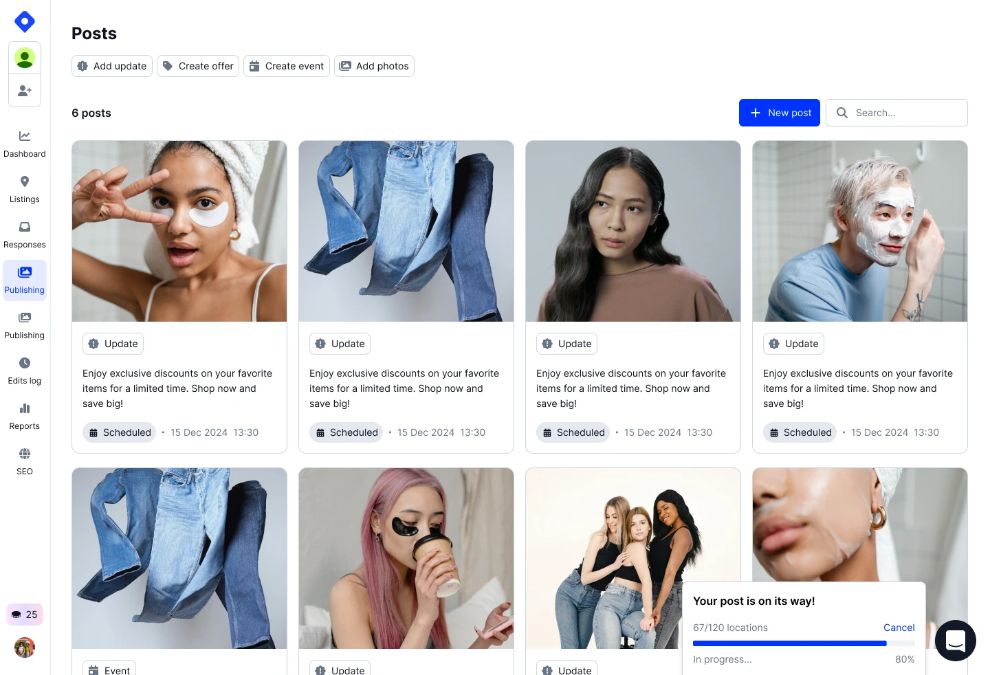 Google Business Profile publishing interface with post composer