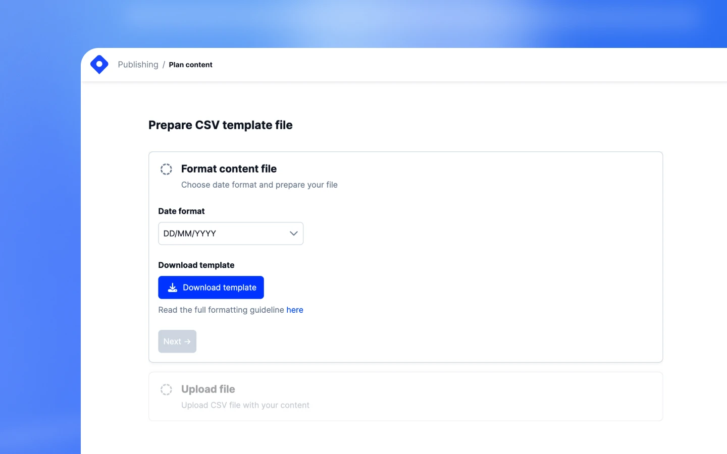 CSV bulk upload workflow showing the plan content button and file upload interface